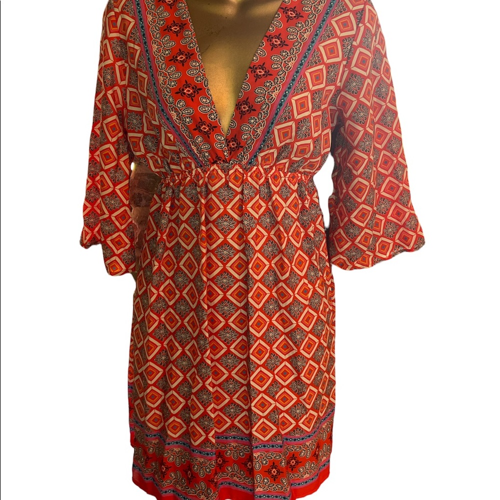 Pronto Dress Floaty Size Small 3/4 Sleeve Orange Pink Floral Geometric